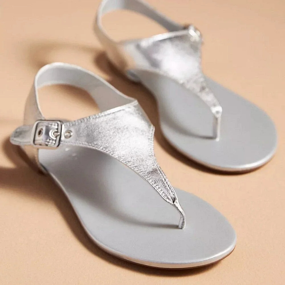 Anthro Silent D Aleen Silver Leather Thong Sandal Sz US 7-7.5‎ / EU 38 NEW